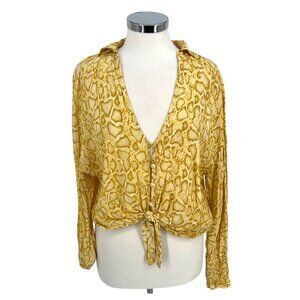 Faithfull The Brand Aira Knot Shirt Yellow Snake Print Long Sleeve Size 4 Small